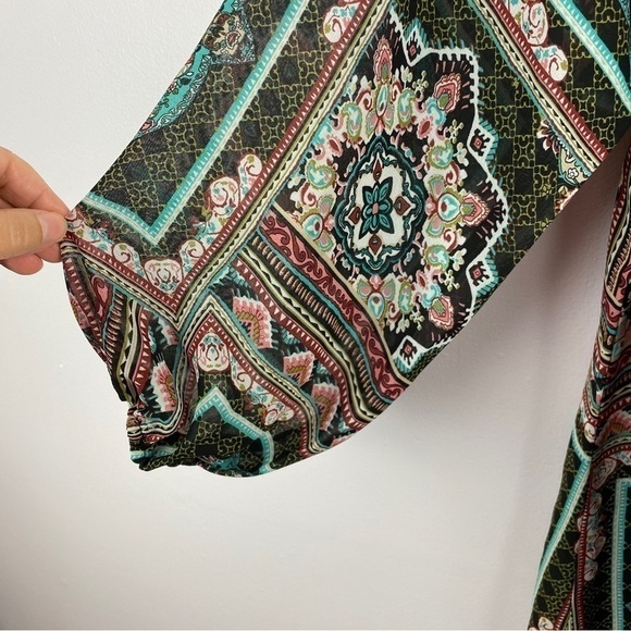 BAILEY Blue Boho Embroidered Semi Sheer Sleeve Tunic Top Large - Picture 8 of 12